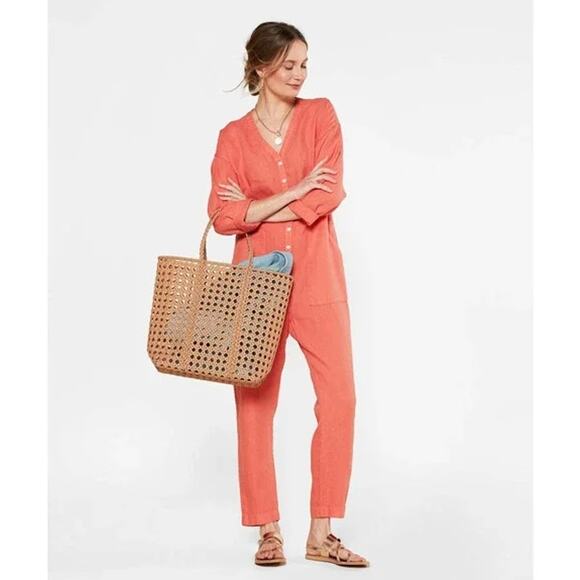Outerknown Retrograde Linen Button Down Coverall Jumpsuit in Coral, Size Large - Picture 2 of 8
